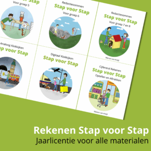 afbeelding van een aantal boeken uit de stap voor stap serie met de tekst: Rekenen stap voor stap jaarlicentie voor alle materialen